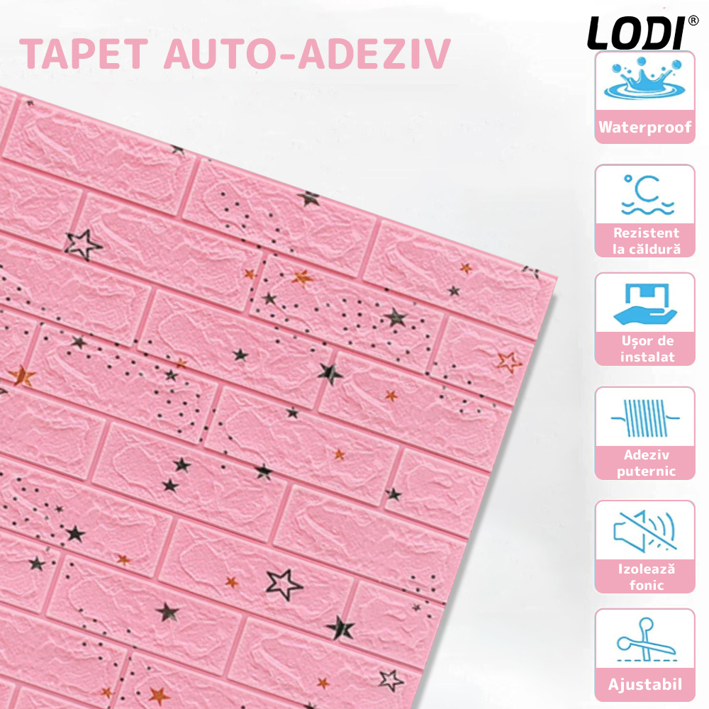 Set Tapet Caramida 3D Lodi70, model Stelute, suprafata acoperire 5.3 mp, autoadeziv, waterproof, usor de montat, design modern, 70x77 cm, roz