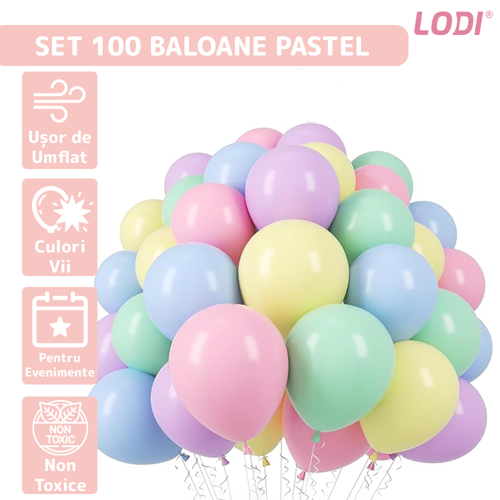 Set 100 Baloane Lodi298, pentru Petreceri/Aniversari/Evenimente, o singura dimensiune, latex, multicolor pastel