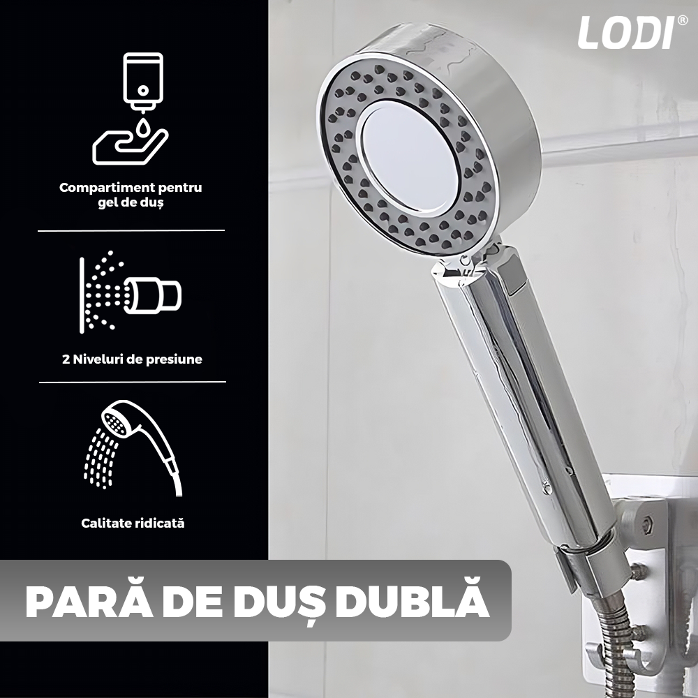 Para de Dus Dubla Lodi1507, recipient de sapun incorporat, 2 moduri de utilizare, mod presiune ridicata, mod spa, usor de utilizat, operare fara butoane, gri