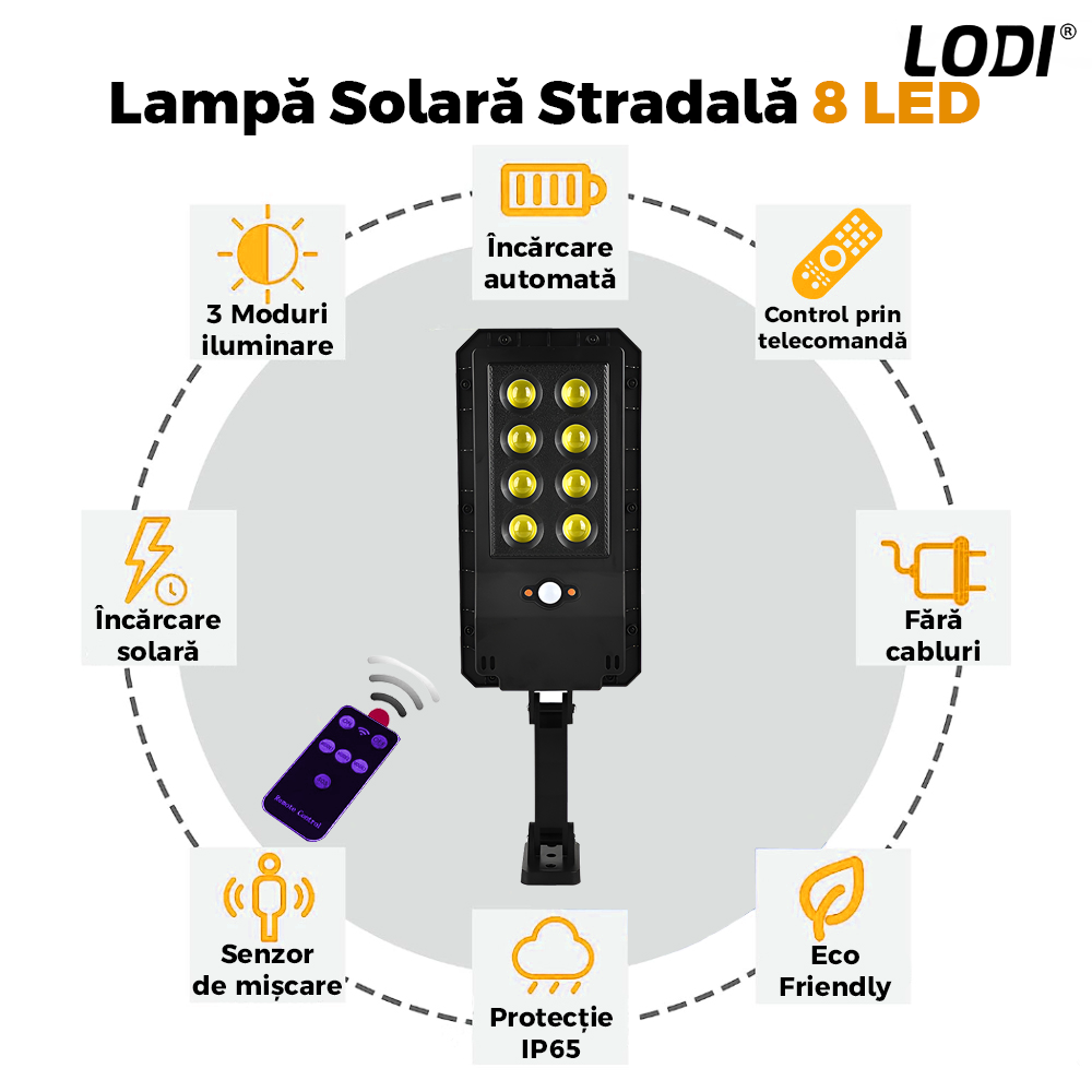 Lampa Solara Stradala 8 LED-uri Lodi865, tip bec, control prin telecomanda, senzor de miscare, 3 moduri de iluminare, protectie IP65, Waterproof, exterior, negru