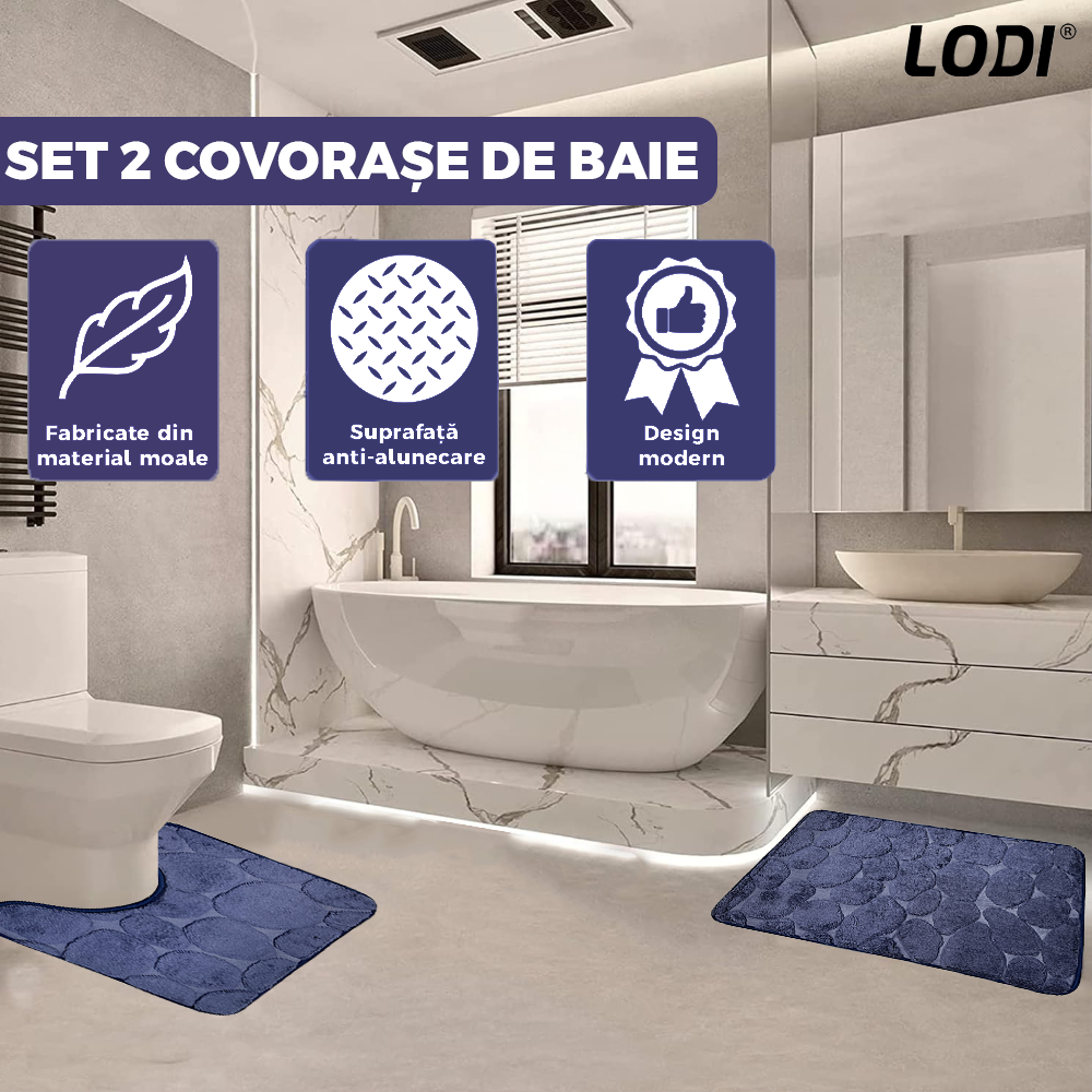 Set 2 Covorase de Baie Lodi1014, anti-derapante, material moale, design modern, model pietre, 80x50 & 50x40cm, bleumarin