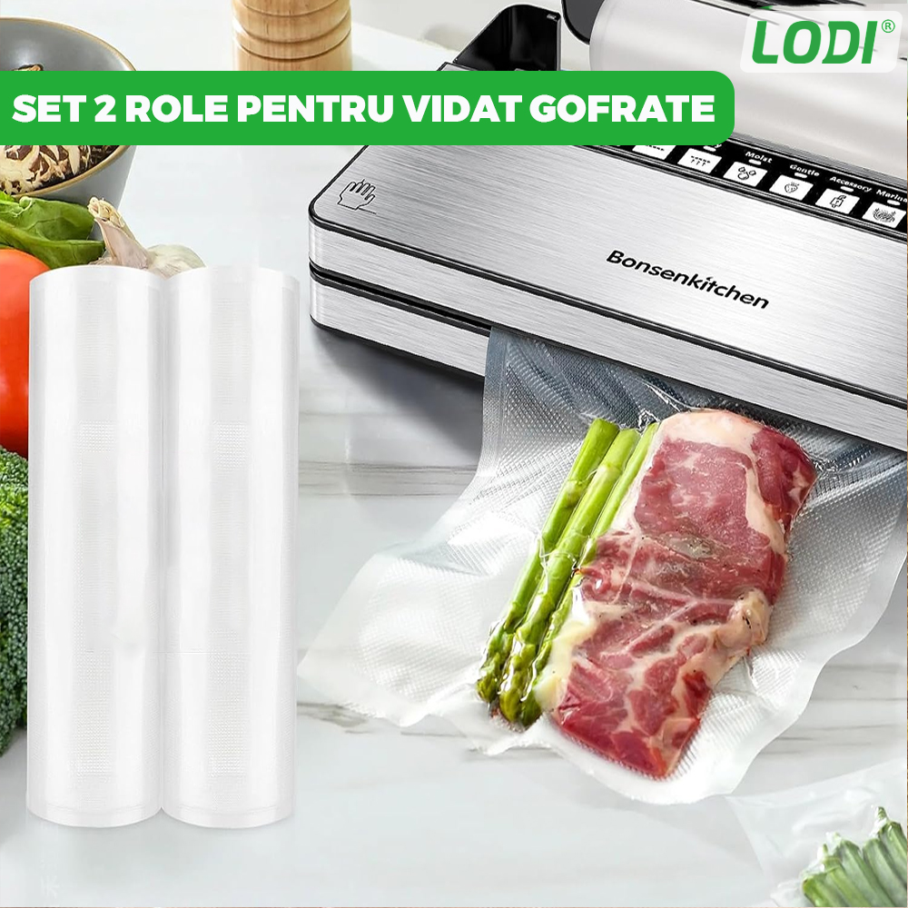 Set de Role Folii pentru Vidat Universale Lodi, 5m x 15cm, compatibile cu orice aparat de vidat, gofrate, reutilizabile, rezistente la caldura, transparente