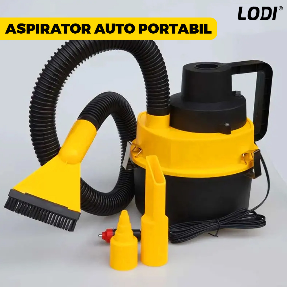 Aspirator Auto Portabil Lodi359, capacitate 3 litri, 120 W, alimentare bricheta auto 12 V, aspirare umed si uscat, 4 accesorii incluse, galben