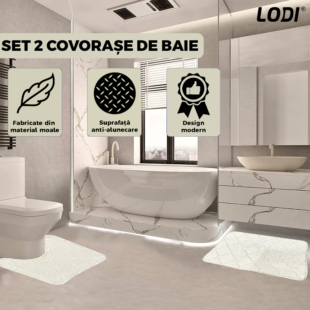 Set 2 Covorase de Baie Lodi1013, anti-derapante, material moale, design modern, model floral, 80x50 & 50x40cm, bej