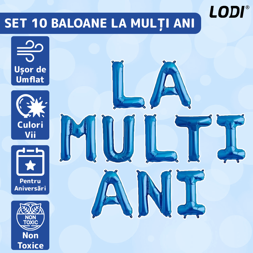 Set 10 Baloane Lodi1044, Litere, pentru Petreceri/Aniversari/Evenimente,, model LA MULTI ANI, albastru