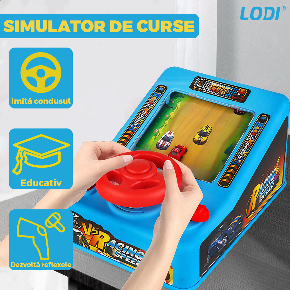 Simulator Auto Curse de Masini Lodi1065, joc interactiv de condus, functii diverse, buton de muzica, sirena, claxon, acceleratie, albastru