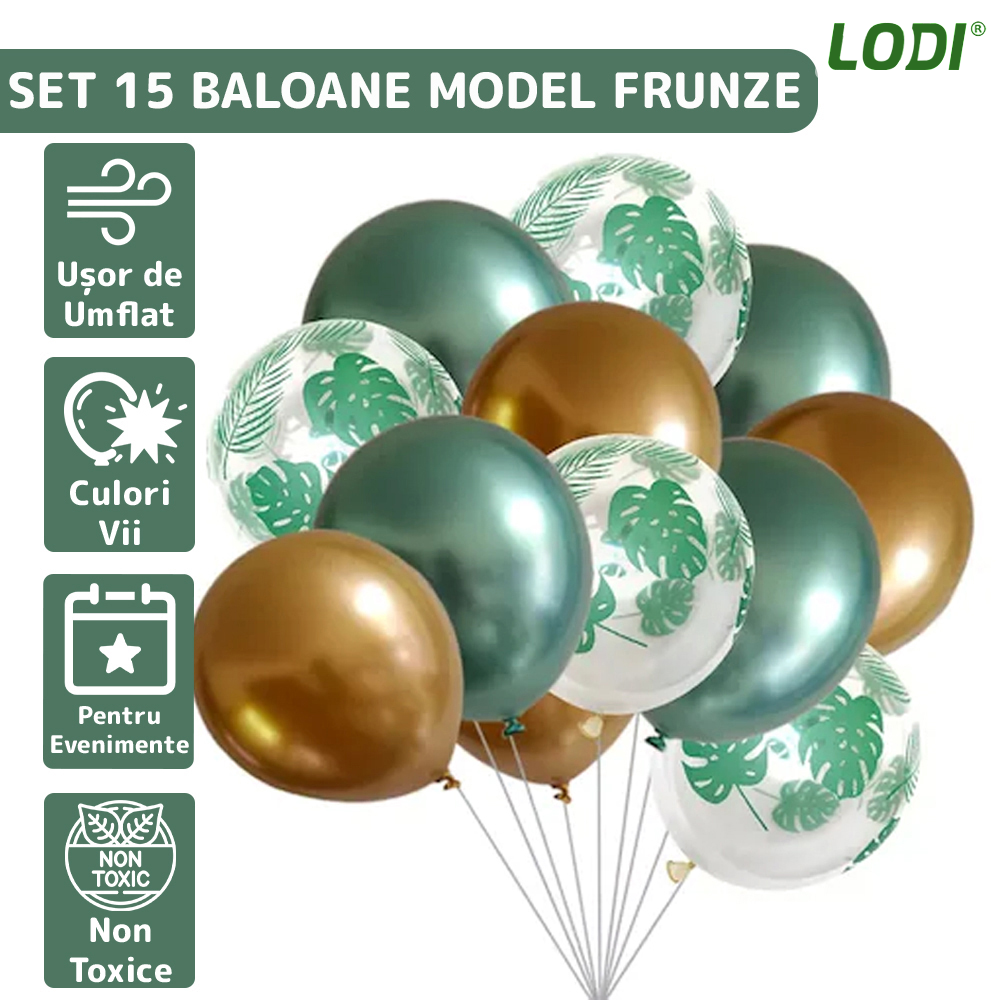Set 15 Baloane Lodi305, Model Frunze, pentru Petreceri/Aniversari/Evenimente, o singura dimensiune, 3 culori, latex, verde/auriu/transparent