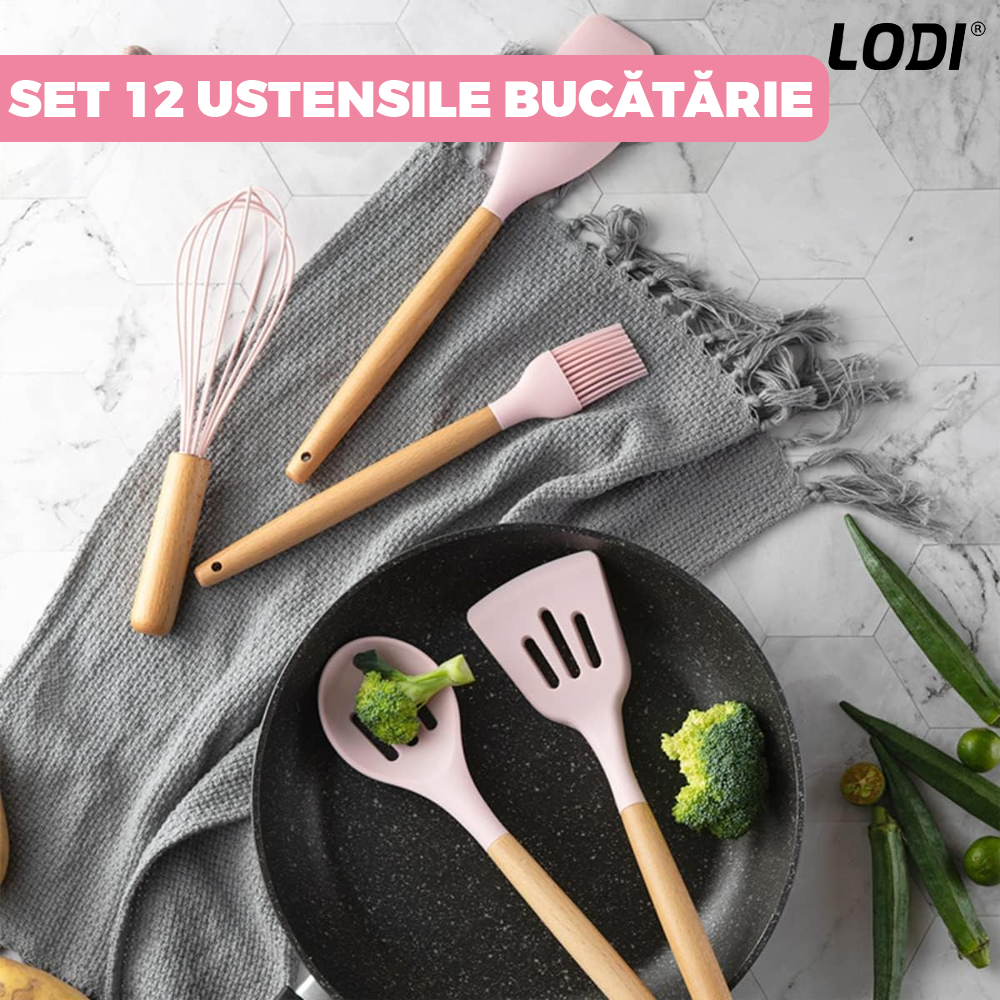 Set Ustensile Bucatarie 12 Piese Silicon Alimentar Lodi1496, termorezistente, antiaderente, sigure, suport inox, roz