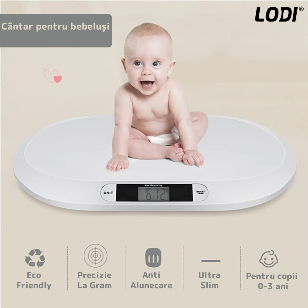 Cantar Electronic cu Display LCD Lodi1, precizie la nivel de gram, greutate max 20KG, design ergonomic, ultra slim, alb