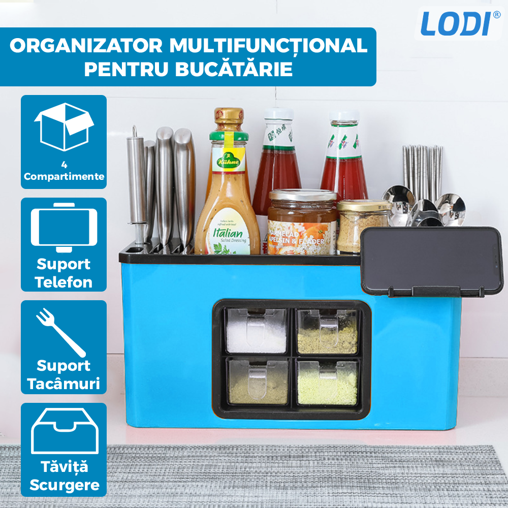 Organizator Multifunctional pentru Bucatarie Lodi604, 4 Compartimente, raft condimente, suport detasabil telefon, tavita de scurgere, suport tacamuri/ustensile, albastru
