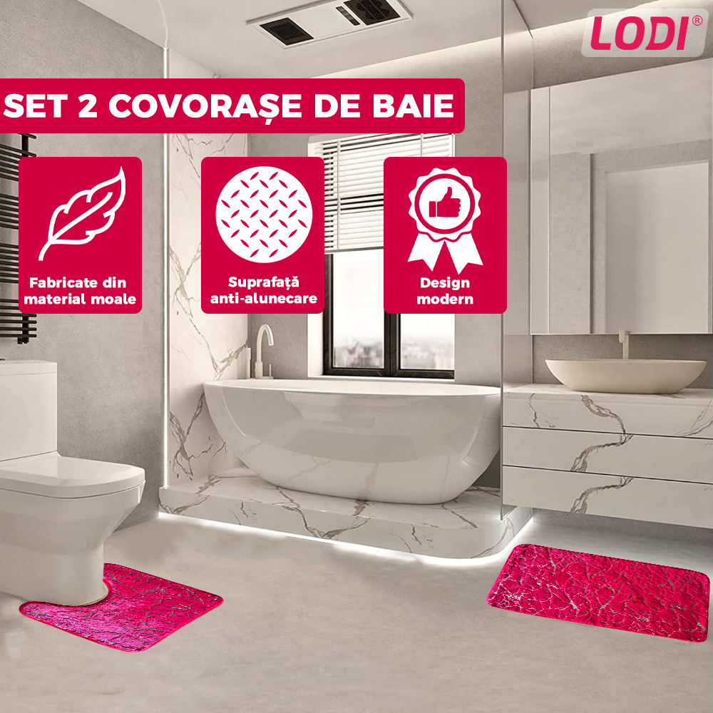 Set 2 Covorase de Baie Lodi431, anti-derapante, material moale, design modern, finisaj auriu, Model 1, 80x50 & 50x40cm, rosu
