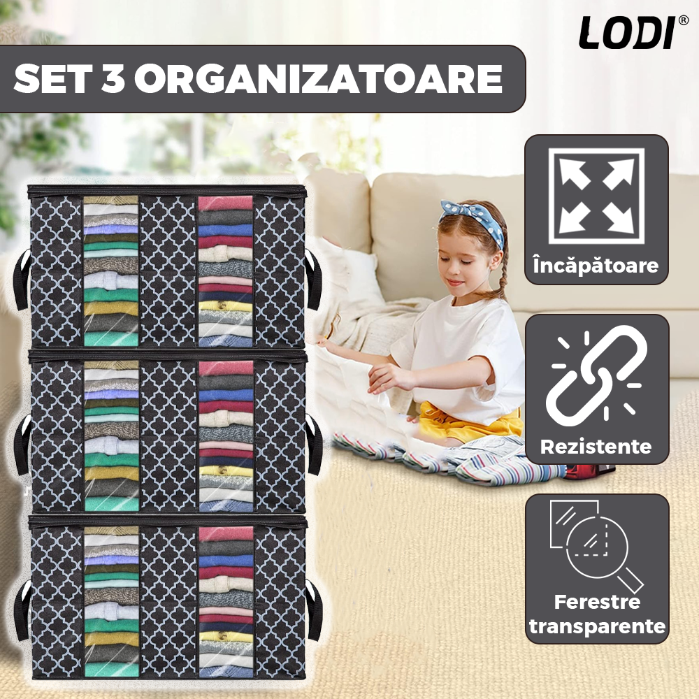 Set 3 Cutii pentru Depozitare si Organizare Lodi723, pliabile, maner ranforsat si fereastra transparenta, pliabile, pentru haine/paturi/ plapumi/ perne/ lenjerii de pat/jucarii, 100L, 63x 45x 36 cm, negru