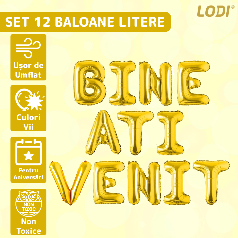 Set 12 Baloane Lodi748, Litere, pentru Petreceri/Aniversari/Evenimente, o singura dimensiune, o culoare, metalizate, folie, model BINE ATI VENIT auriu, 45 cm