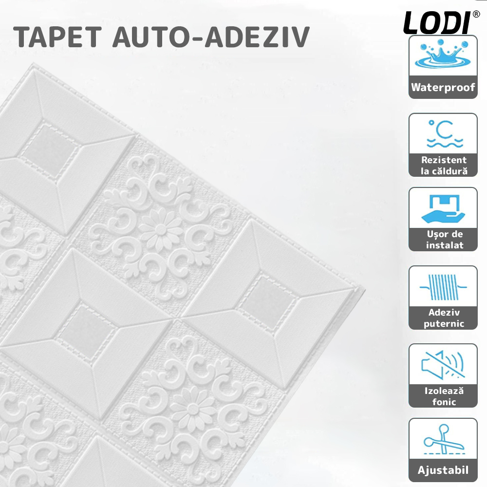 Set Tapet 3D Lodi62, suprafata acoperire 4.9 mp, autoadeziv, perete/tavan, waterproof, usor de montat, design modern, 70x70 cm, alb
