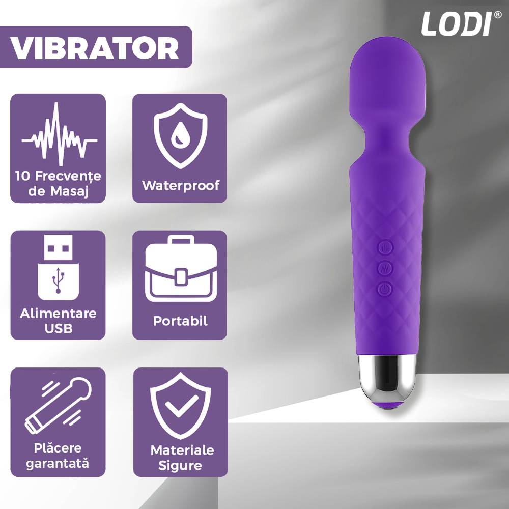 Vibrator Lodi1169, 20 Moduri de Vibratii, waterproof, alimentare USB, portabil, elimina durerile musculare, mov