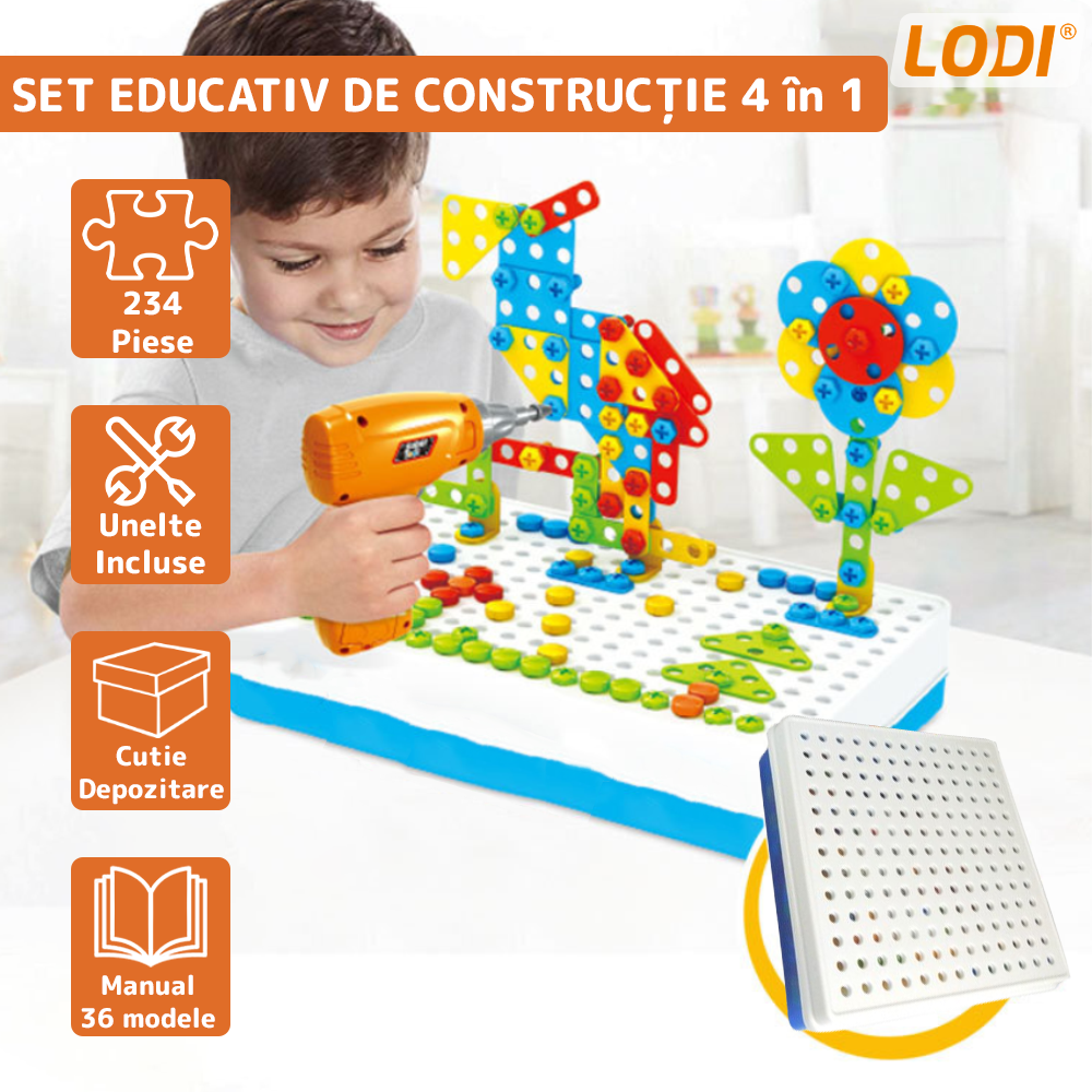 Jucarie Educativa si Interactiva 4in1 Lodi513, 234 piese, unelte pentru inginerie, pentru fete si baieti, manual inclus, puzzle 3D/2D, dezvoltare STEM, montessori, multicolor