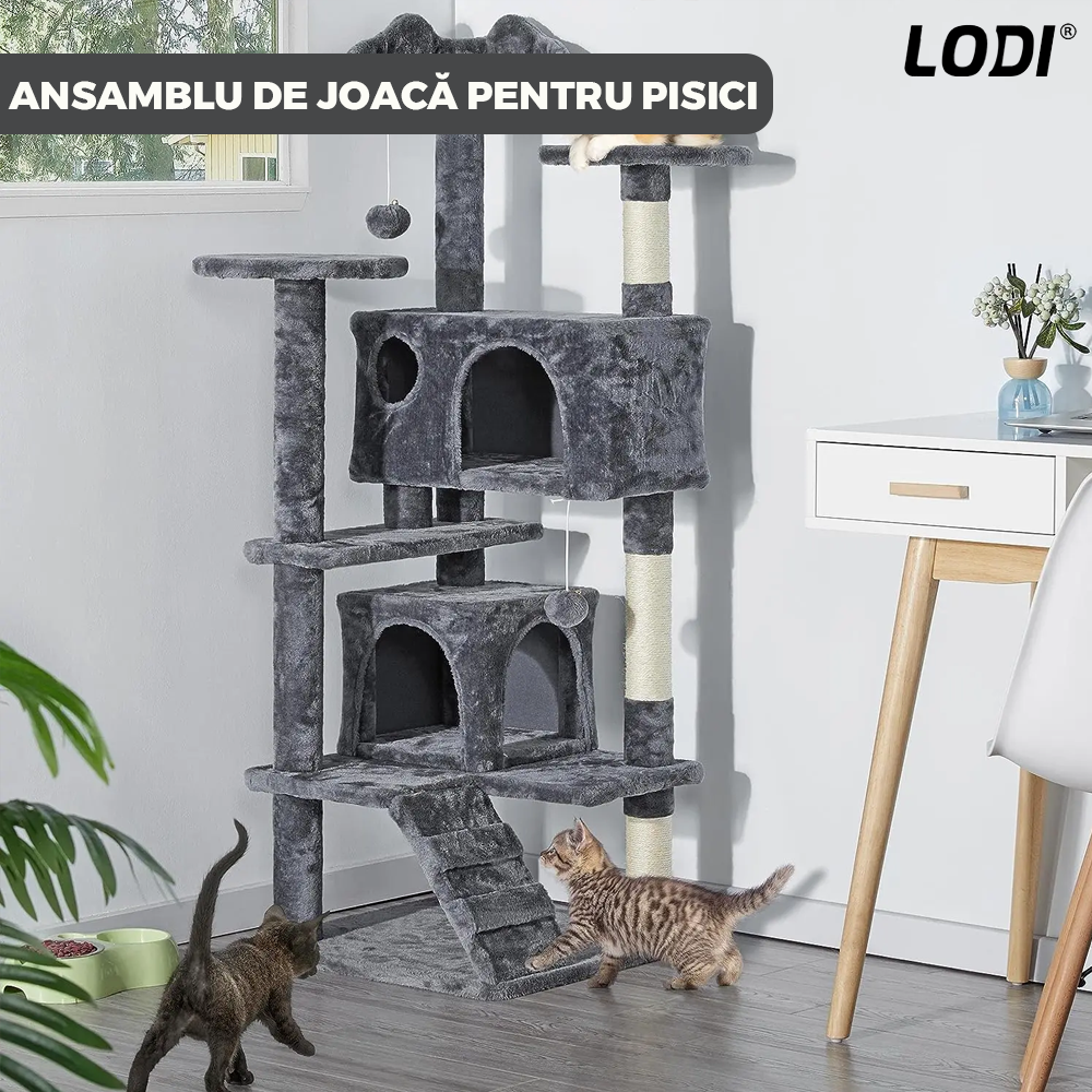 Ansamblu de Joaca pentru Pisici Lodi629, tip turn, 3 platforme de observatie, 6 niveluri, 2 casute, scara, franghie si mingiuta de joaca, stalpi pentru zgariat, captuseala extra moale, structura stabila, 138.5 cm, gri inchis