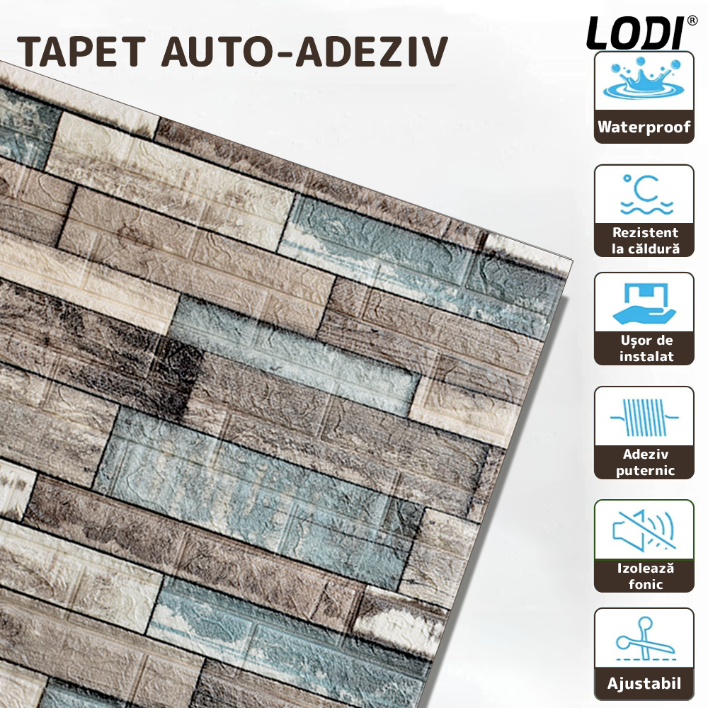 Set 10x Tapet Caramida 3D Lodi1091, Model Lemn, suprafata acoperire 4.9 mp, autoadeziv, waterproof, usor de montat, design modern, 70x70 cm, maro verde