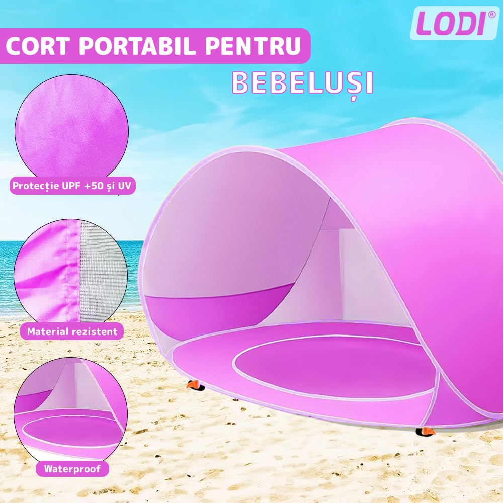Cort Portabil de Vara pentru Bebelusi Lodi1098, adapost impermeabil pentru plaja, cu piscina, protectie UV si UPF 50+, multifunctional, 117x79x70 cm, roz