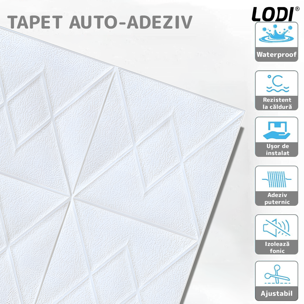 Set 10x Tapet 3D Lodi842, suprafata acoperire 4.9 mp, autoadeziv, Model Romburi, perete/tavan, waterproof, usor de montat, design modern, 70x77 cm, alb