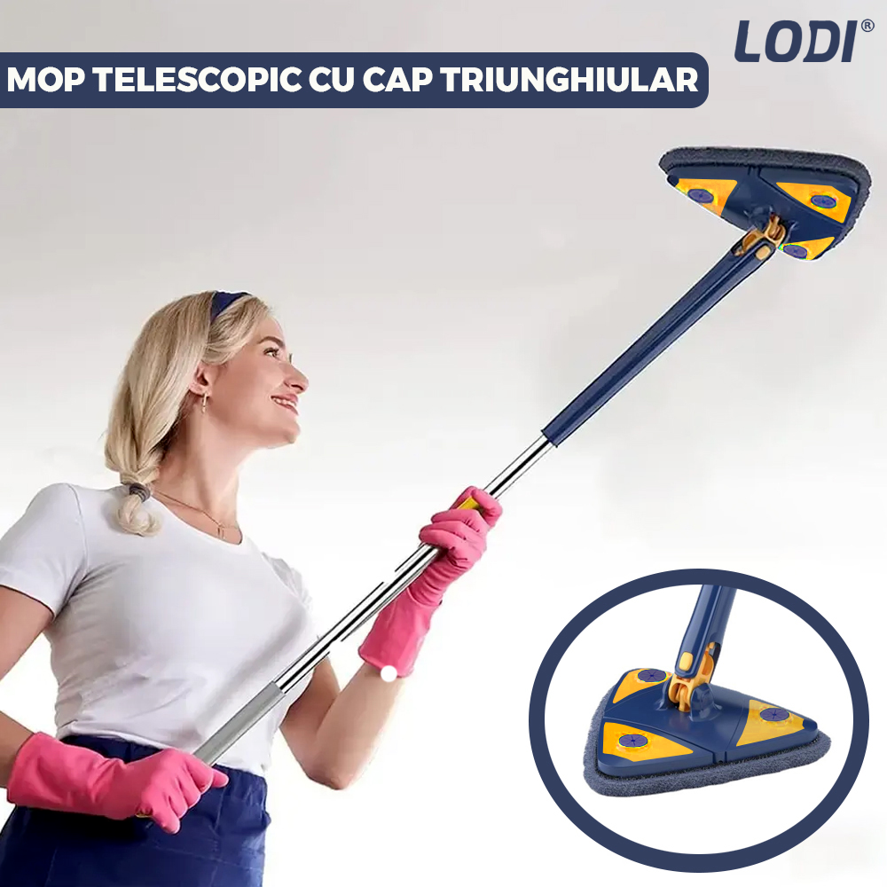 Mop cu Cap Triunghiular Lodi1145, rotire 360 grade, telescopic, curatare usoara, 2 lavete incluse, 127 cm, albastru/galben deschis
