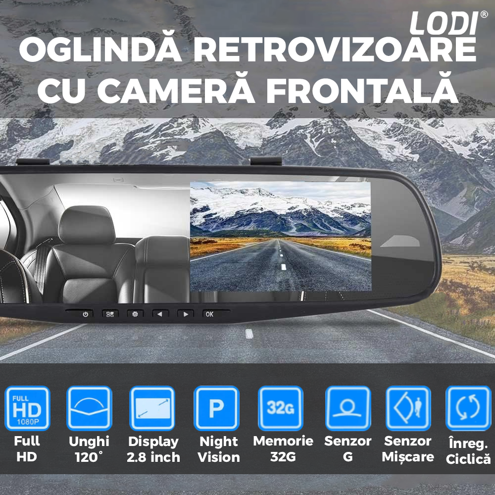 Oglinda Auto Retrovizoare cu Camera Frontala Lodi492, video Full HD 1080P, senzor G, 32GB, Night Vision, Display 2.8 inch, negru