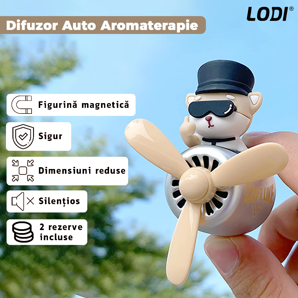 Difuzor Auto Aromaterapie Lodi338 car pilot bear cu palariuta, kit odorizant, 2 arome cu extracte naturale incluse