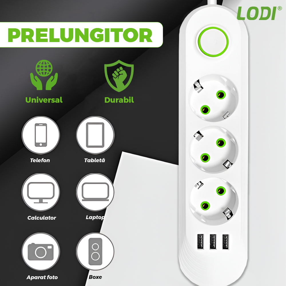 Prelungitor Lodi1276, 3 prize, 3 porturi USB, intrerupator, suport de agatare incorporat, rezistent la temperaturi inalte, universal, lungime 2 metri, alb