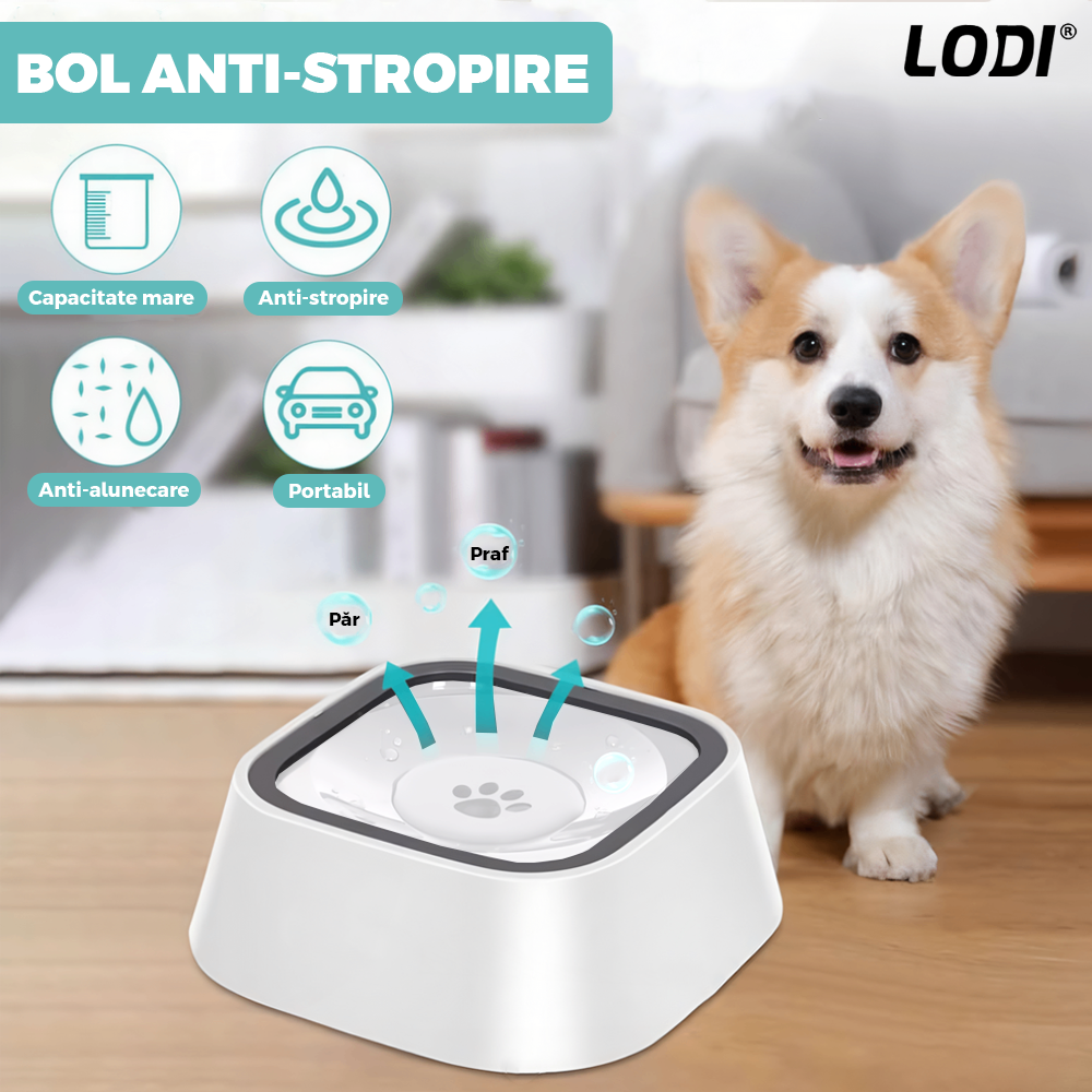 Bol Apa Anti-stropire Lodi1504, pentru caini si pisici, rama flotanta, sistem anti-alunecare, adapator, piese detasabile, capacitate 1.5 l, alb/gri
