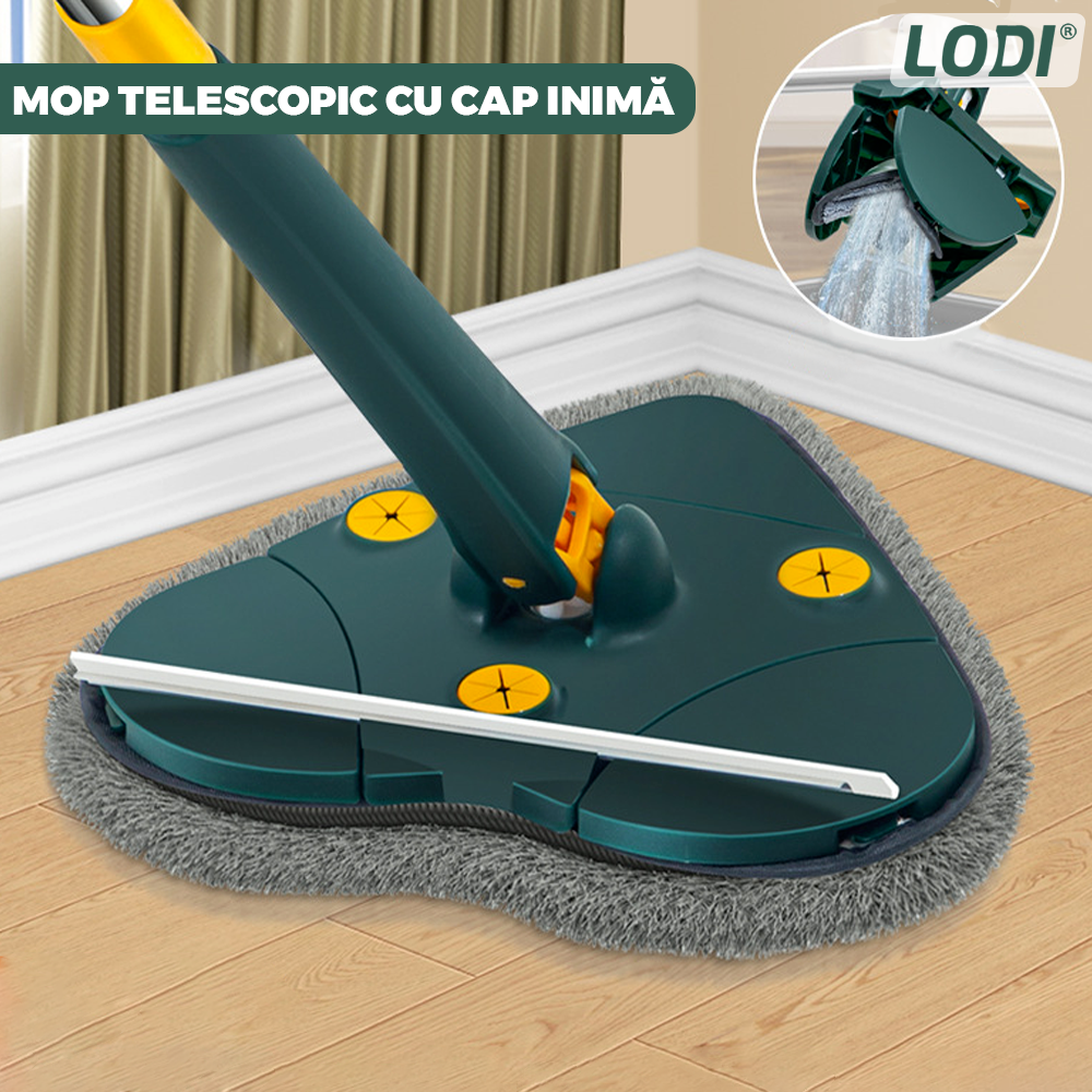 Mop cu Cap in Forma de Inima Lodi1158, rotire 360 grade, telescopic, curatare usoara, 127 cm, verde/galben