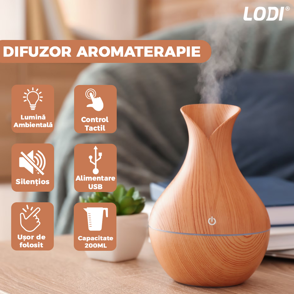Difuzor Aromaterapie Lodi219, lumini ambientale, control tactil, capacitate 200ml, silentios, rezerva inclusa, alimentare USB, umidifica aerul, stejar deschis