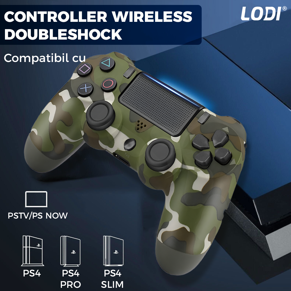 Controller Wireless DoubleShock Lodi1195, compatibil cu PS4, joystick-uri analog, vibratie dubla, baterie performanta, cammouflage