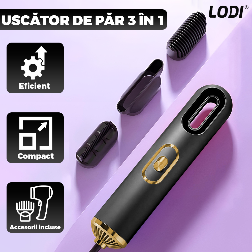 Uscator Profesional de Par 3 in 1 Lodi1083, aparat multifunctional coafare si uscare, 3 accesorii incluse, 1200W, negru