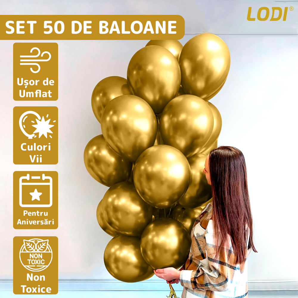 Set 50 Baloane Lodi721, pentru Petreceri/Aniversari/Evenimente, o singura dimensiune, latex, gold