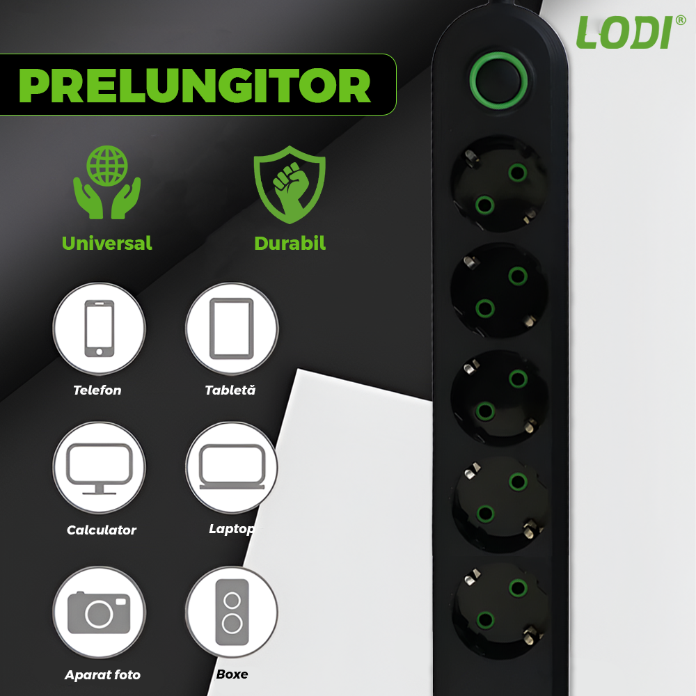 Prelungitor Lodi1279, 5 prize, 3 porturi USB, intrerupator, suport de agatare incorporat, rezistent la temperaturi inalte, universal, lungime 3 metri, negru