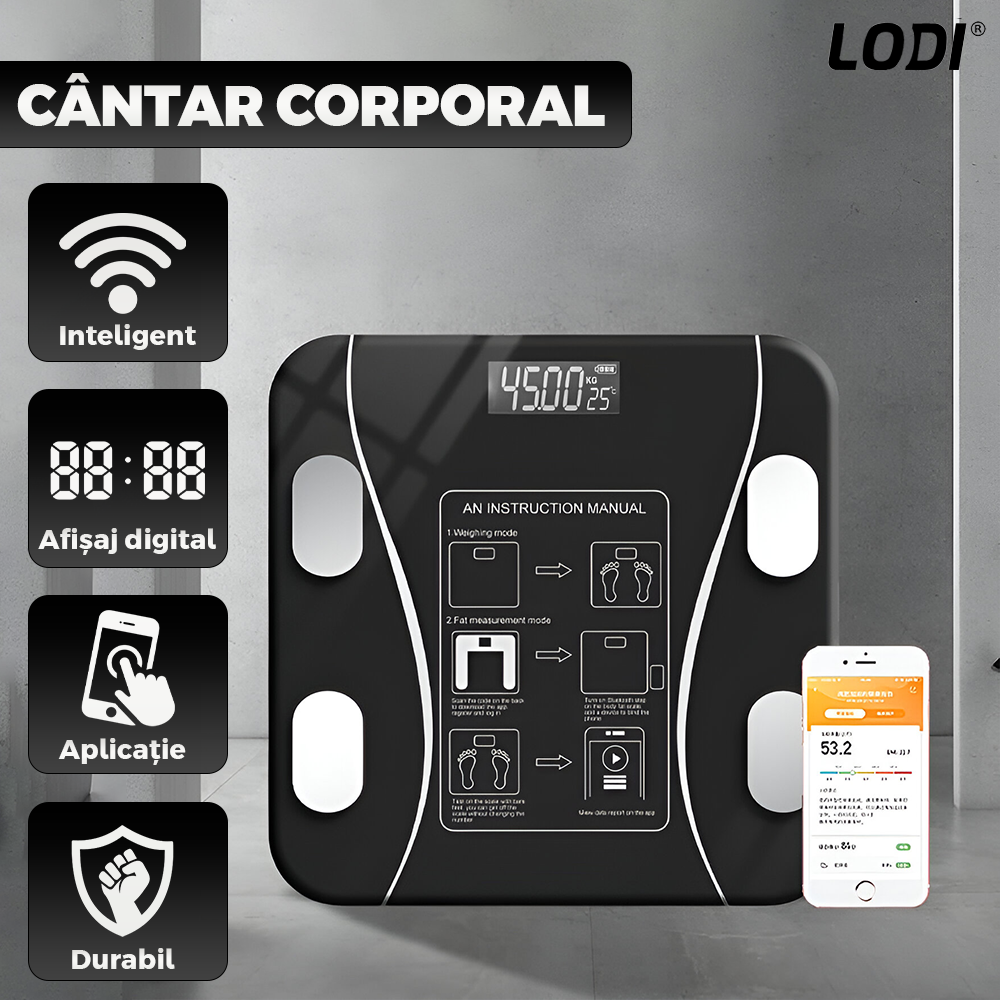 Cantar Electronic Inteligent Lodi1285, pentru baie, corporal, aplicatie smart, indicator greutate/baterie/temperatura, conectare bluetooth, afisaj digital iluminat, greutate maxima suportata 180 kg, baterii incluse, negru