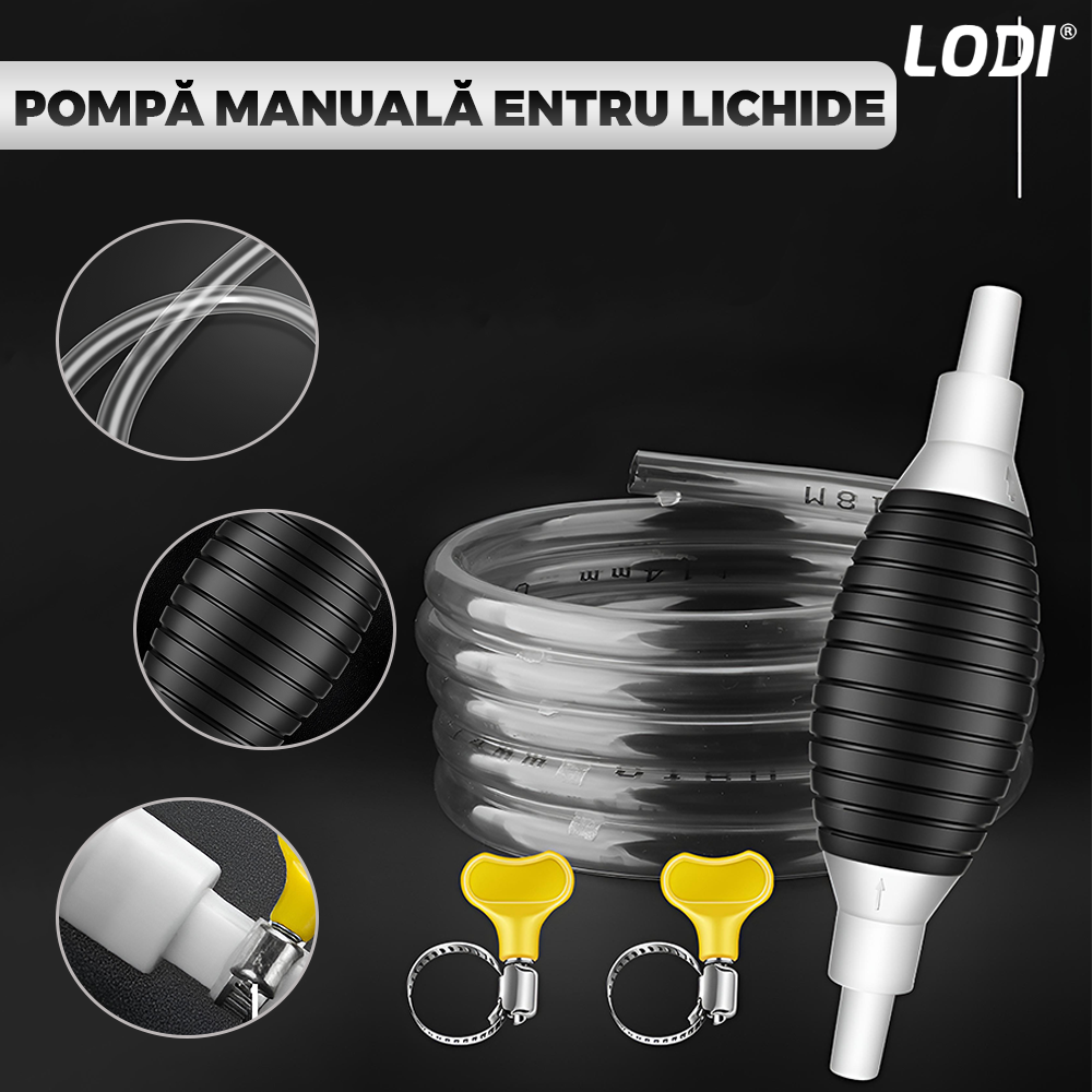 Pompa Manuala pentru Transfer Lichide Lodi995, cleme prindere, tip sifon, furtun 1, 5m lungime, anti-scurgere, materiale calitative, negru-alb