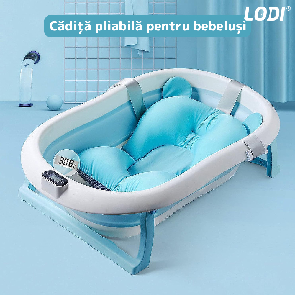 Cadita cu Pernuta pentru Bebelusi Lodi42, termometru digital incorporat, pliabila, dop de scurgere, picioare anti-alunecare, design ergonomic, 75 x 45 x 22 cm, albastru
