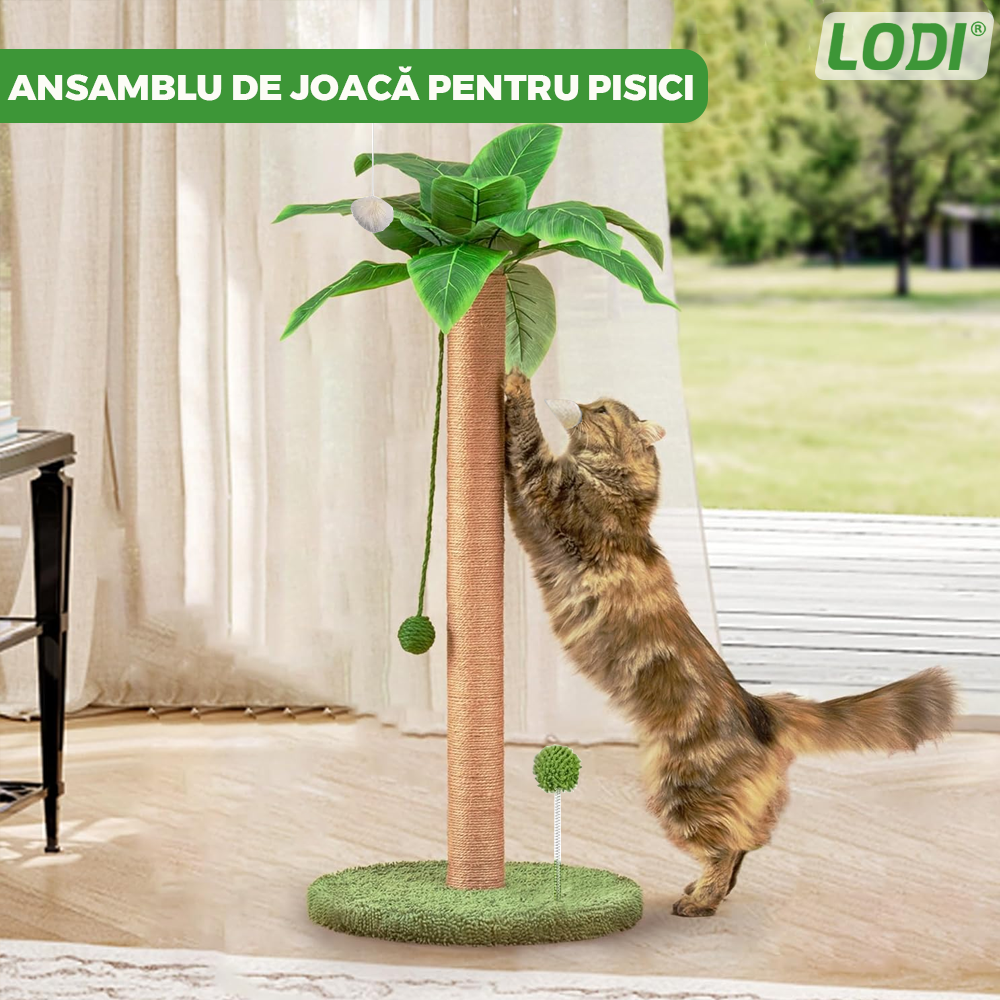 Ansamblu de Joaca pentru Pisici in Forma de Palmier Lodi1142, tip turn, 1 nivel, franghie si mingiute de joaca, stalpi pentru zgariat, captuseala extra moale, structura stabila, 85 cm, verde