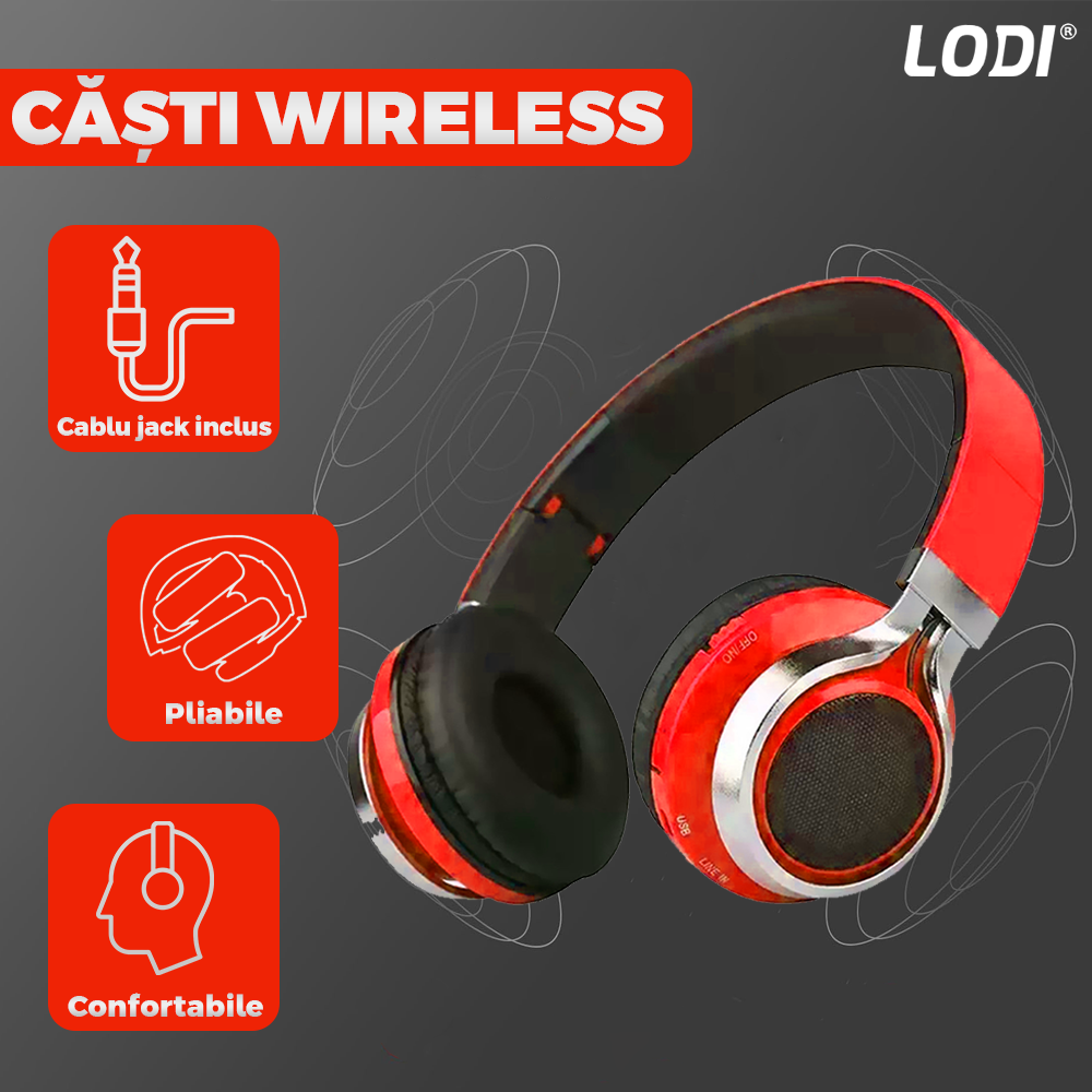 Casti Wireless Lodi962, overear, bluetooth 4.2, extra bass, blocare sunete externe, slot card TF, functii multiple, rosu