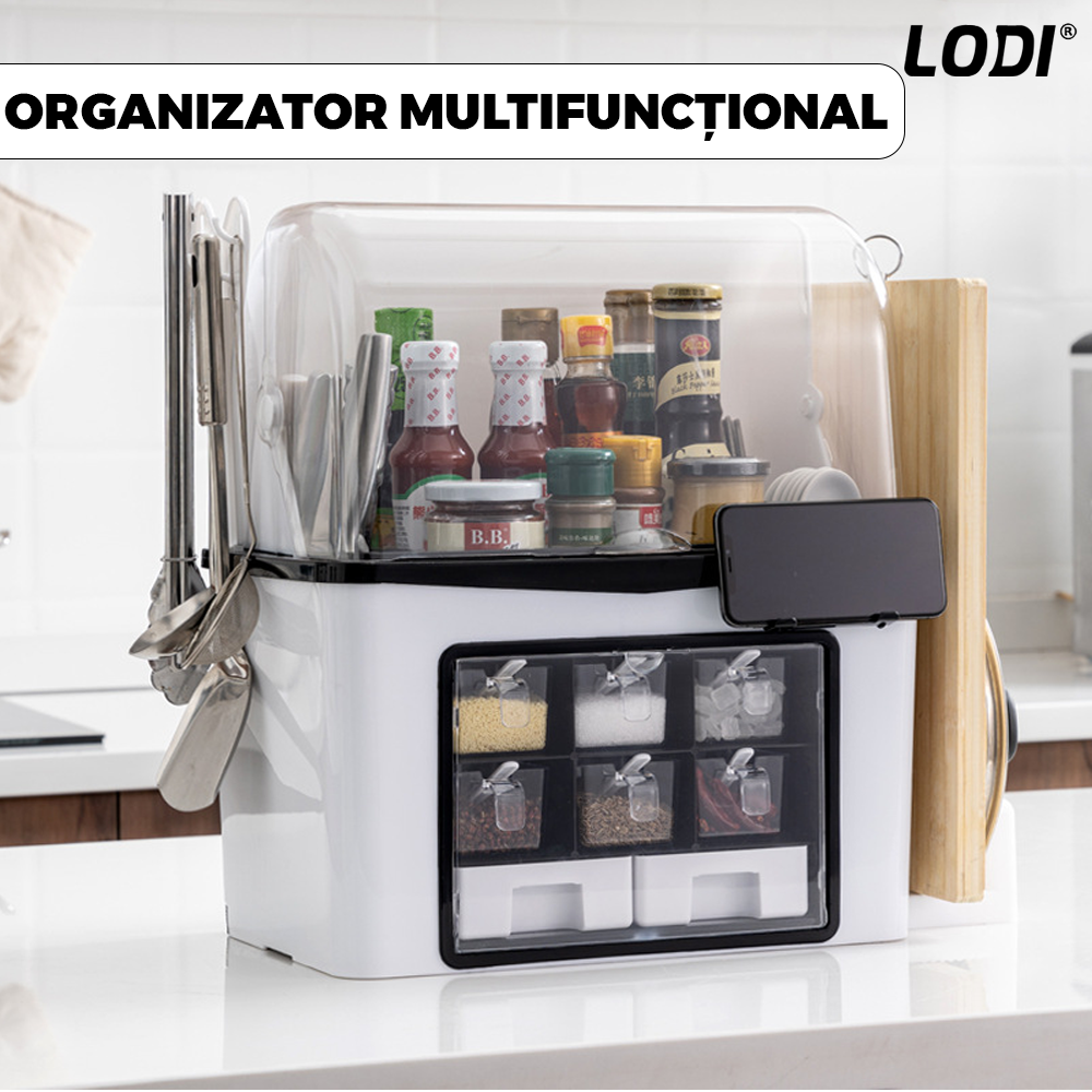Organizator Multifunctional pentru Bucatarie Lodi483, suport sticle, rafturi pentru condimente, cuier pentru ustensile, suport cutite, 46 x 26 x 43 cm, alb