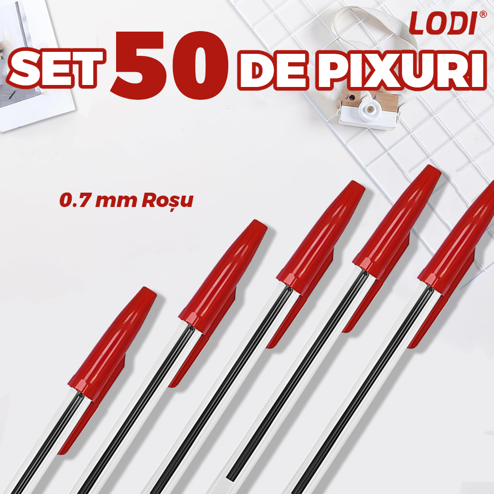 Set 50 de Pixuri Lodi1510, tip ballpoint, material rezistent, durabile, rezistente in timp, cap 0.7 mm, scriere neteda cu uscare rapida, cu capac, corp de plastic, rosu