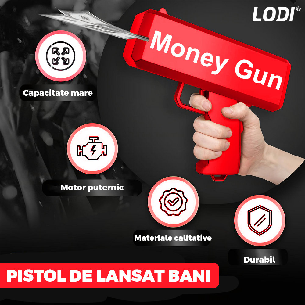 Pistol de Lansat Bani Lodi1131, pentru petreceri si aniversari, carcasa rezistenta, autonomie pe baterii, capacitate 300 de bacnote, rosu