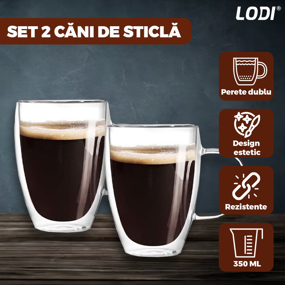 Set 2 Cani de Sticla cu Perete Dublu Lodi858, model rotund, design modern, termorezistente, capacitate 350 ml, 12 x 9 cm