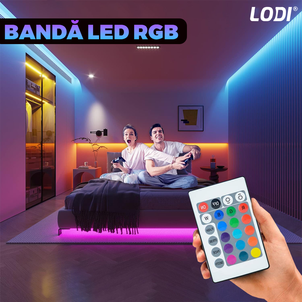 Kit Banda LED RGB Lodi414, inteligenta cu intensitate de lumina si culori reglabile, control prin telecomanda cu 24 taste, 5050RGB, utilizare exterior IP65, 10 m, multicolora