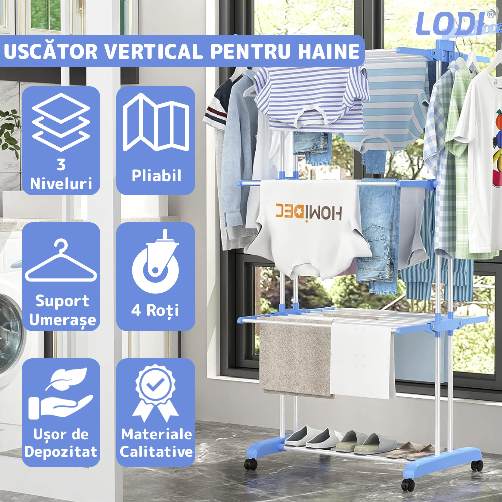 Uscator Vertical pentru Rufe si Haine Lodi290, 3 niveluri, mobil, pliabil, pentru spatii mici, suport umerase, cadru rezistent, inaltime 175cm, albastru