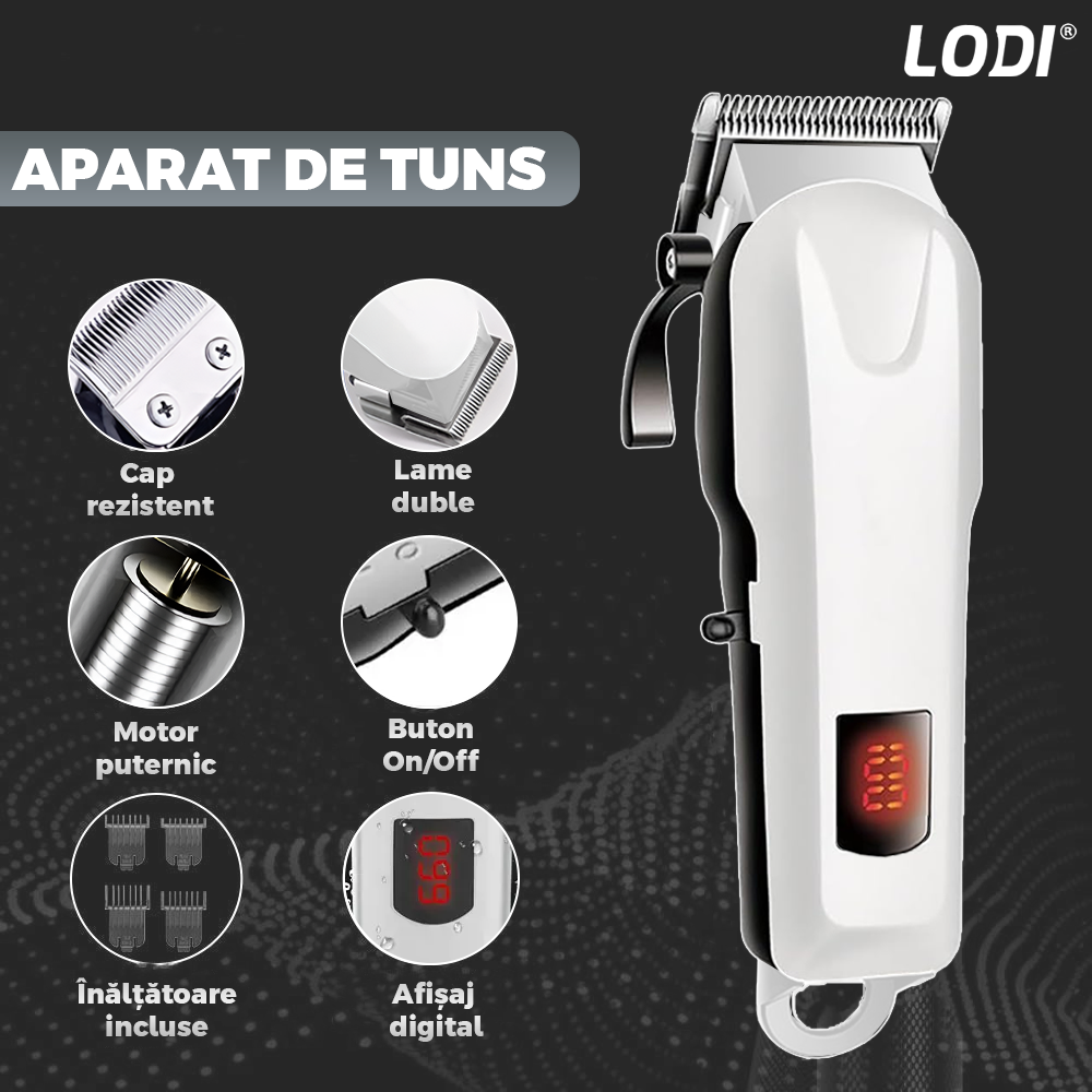 Aparat de tuns barba Lodi979, afisaj digital, 4 piepteni inclusi, incarcare la retea, lame ascutite, usor de curatat, trimmer profesional, alb