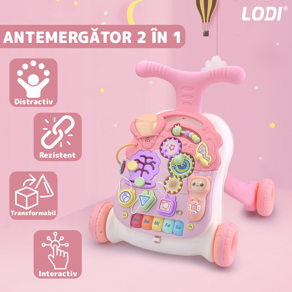 Antemergator Multifunctional 2in1 Lodi645, centru de activitati si joaca, telecomanda detasabila cu 15 melodii, masuta educativa cu 4 picioruse incluse, panou pentru invatarea numerelor si formelor, lumini si sunete, roz