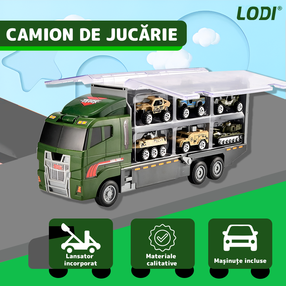 Set Camion Trailer de Jucarie pentru Transport Lodi1166, seria armata, 10 masinute incluse, jeep, tanc, tir, elicopter, accesorii mobile, lansator si rampa frontala, platforma tractare, verde