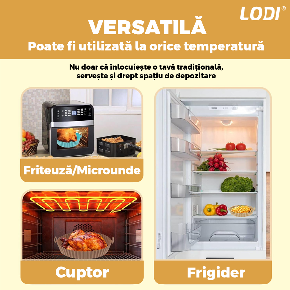 Tava de Copt Rotunda Lodi1308, pentru friteuza/cuptor/microunde, antiaderenta, rezistenta la temperaturi inalte, 21 x 17 cm,bej
